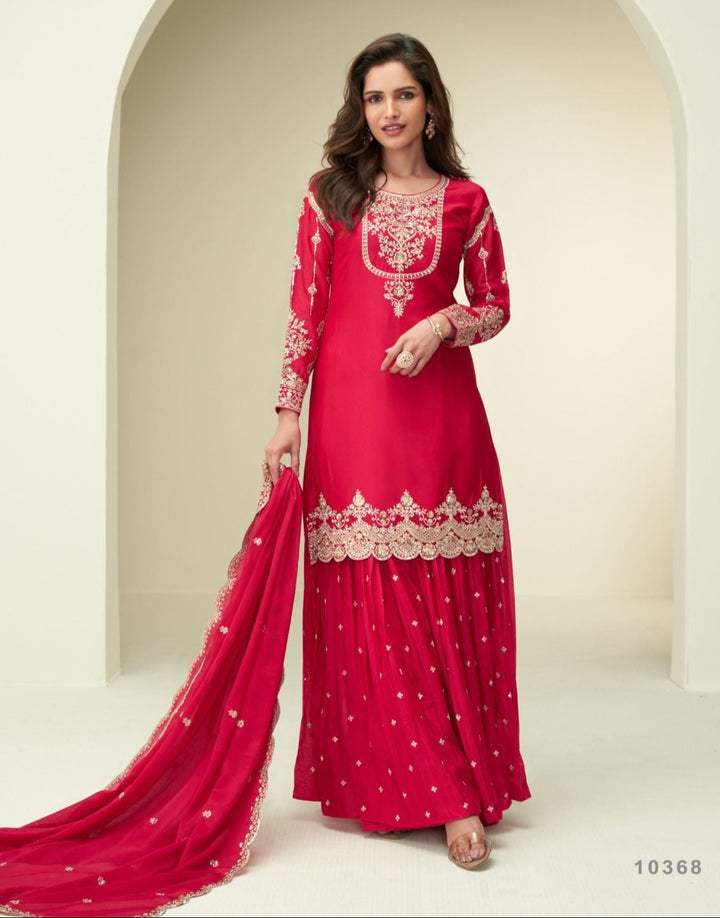 Red Karwachauth Special Party Wear Embroidered Straight Kurta With Palazzo and Red Dupatta