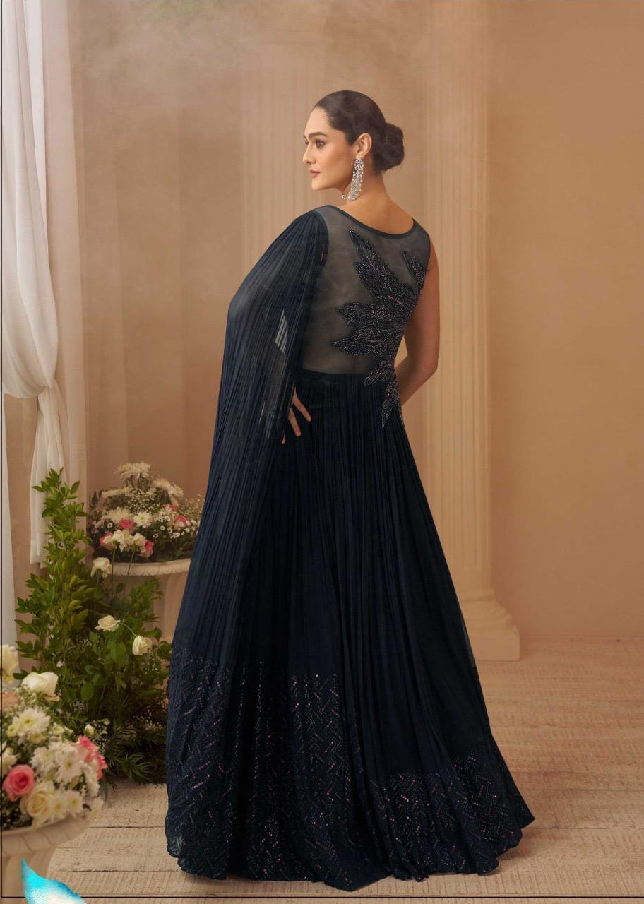 Black-Blue Wedding Special Hand Embroidered Gown