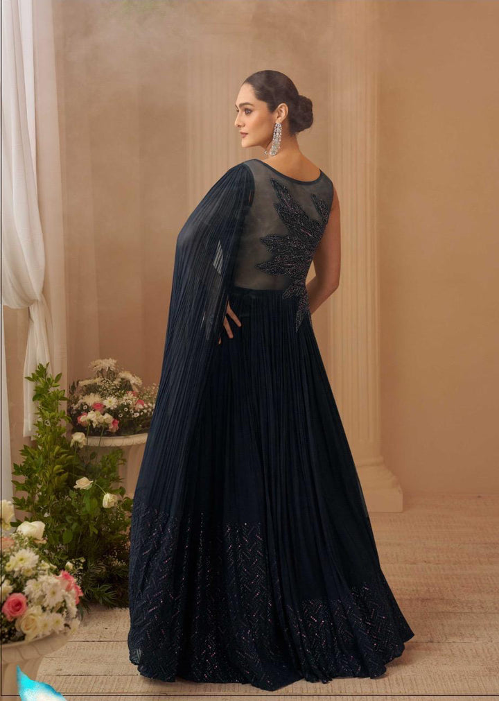 Black-Blue Wedding Special Hand Embroidered Gown