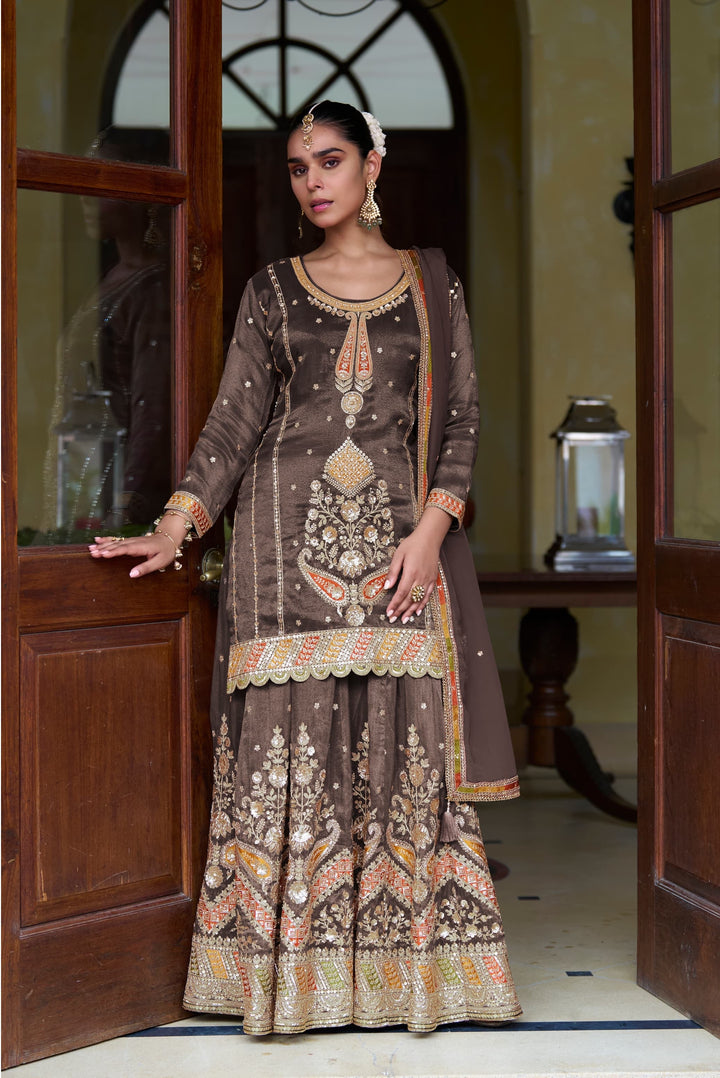 Silk Mocha Brown multi colour Embroidered Party Wear Skirt Lehenga Set