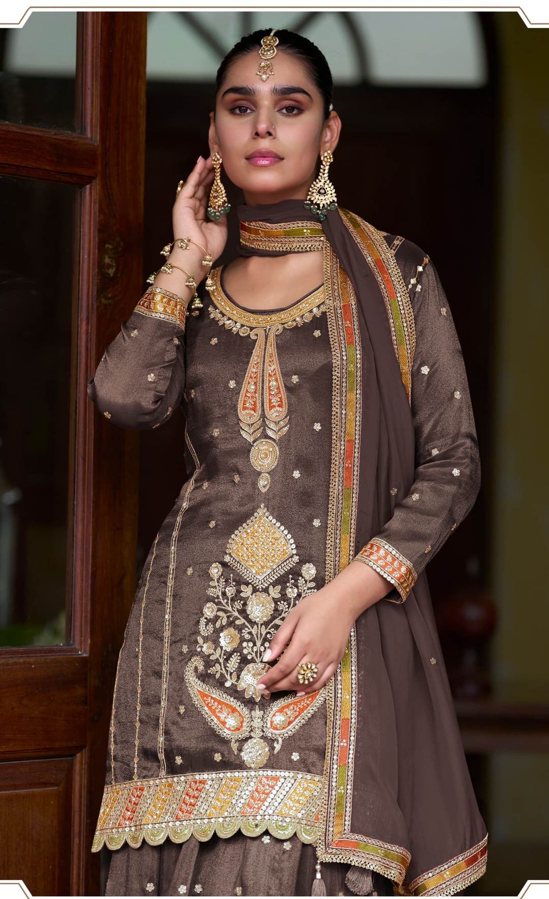 Silk Mocha Brown multi colour Embroidered Party Wear Skirt Lehenga Set