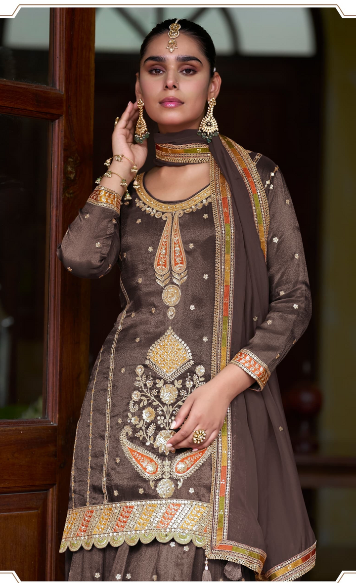 Silk Mocha Brown multi colour Embroidered Party Wear Skirt Lehenga Set