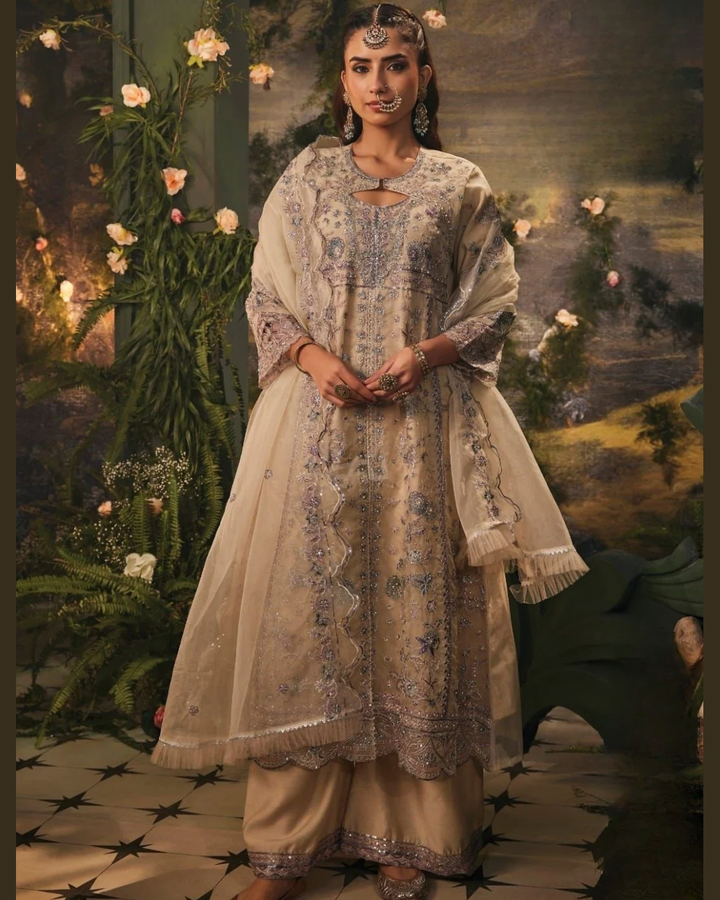 Gul Bahar Champagne Embroidered Anarkali Suit Set