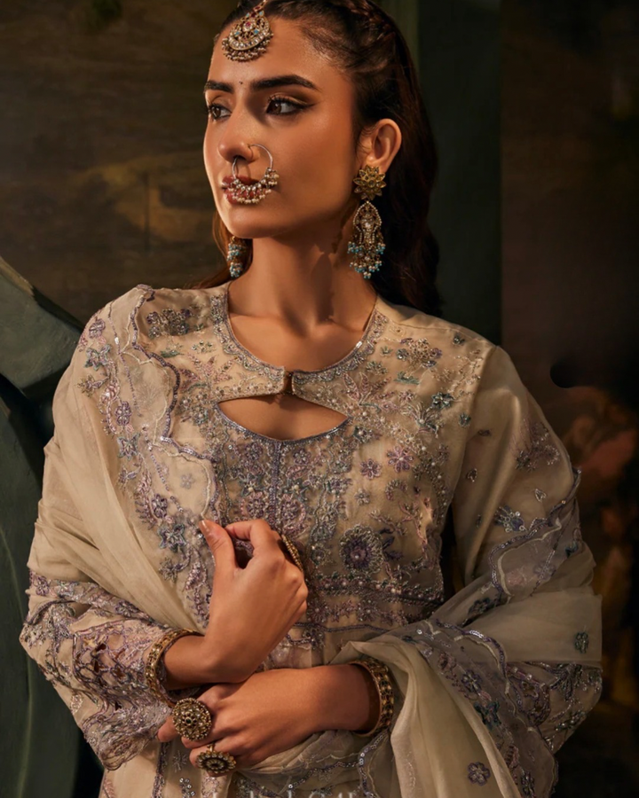 Gul Bahar Champagne Embroidered Anarkali Suit Set