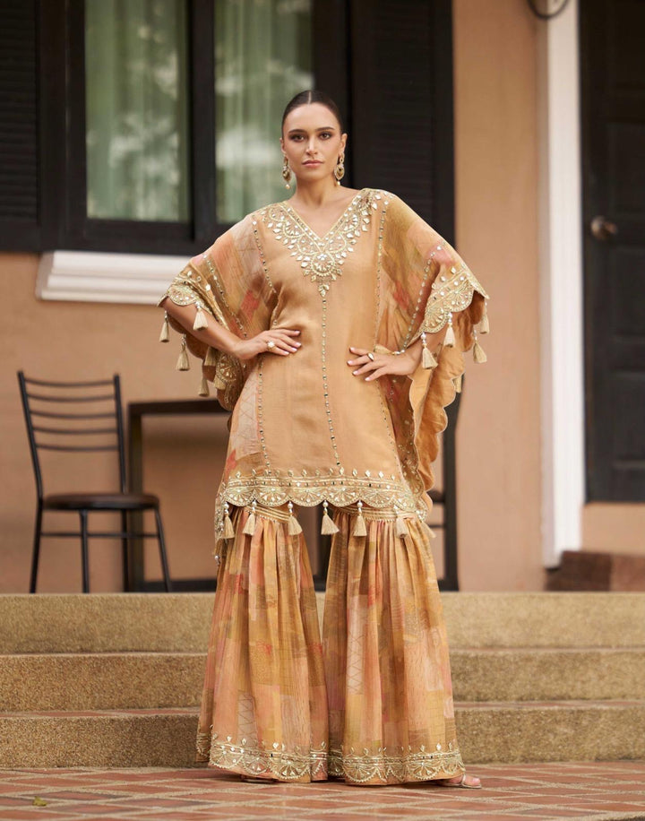 Golden gotta patti party wear sharara kaftan set