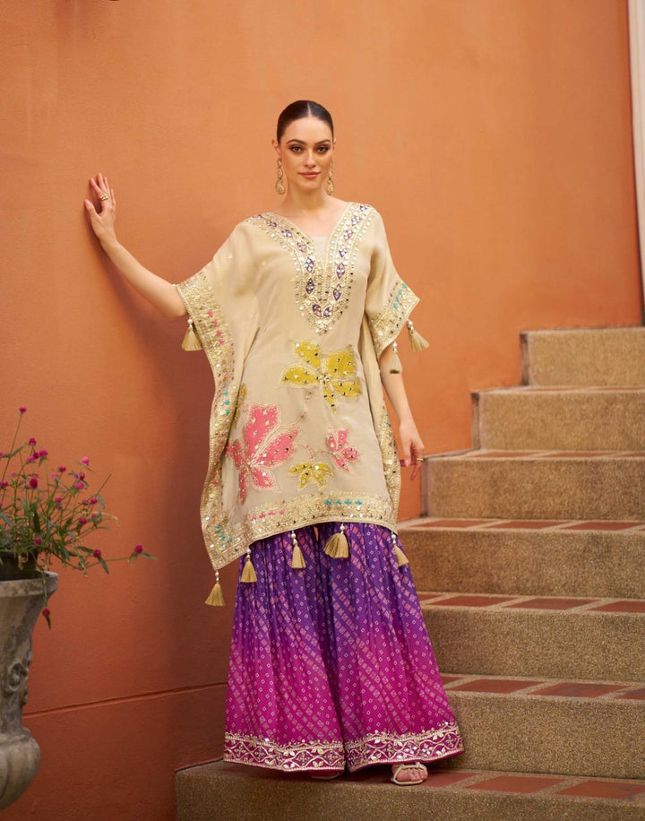 Off White Embroidered  gotta patti party wear purple bandhani sharara kaftan set