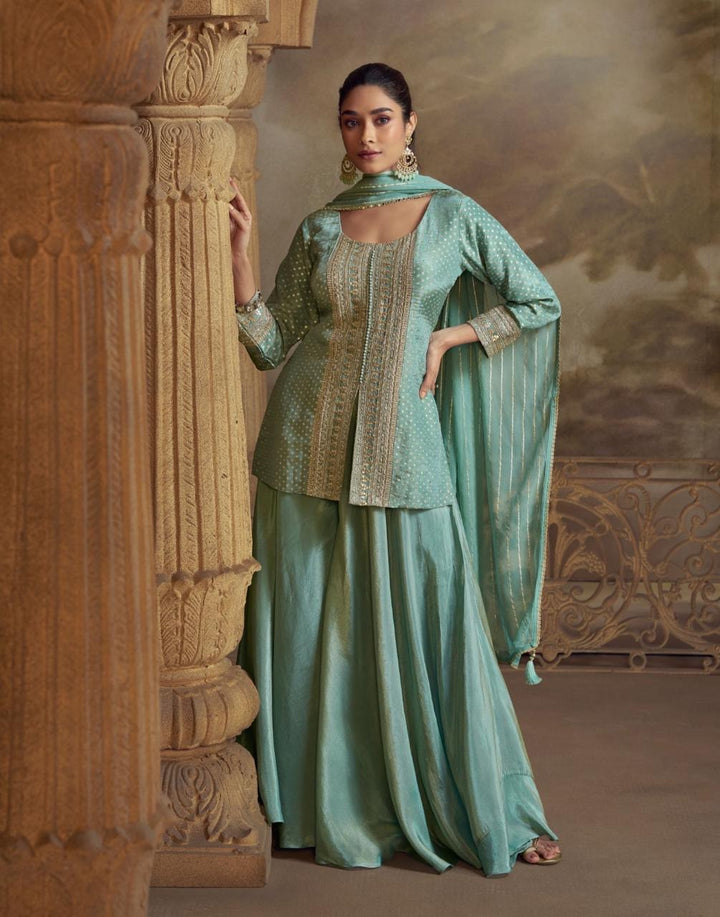 Mint Green Festive Kothi Palazzo Set With Golden Embroidery