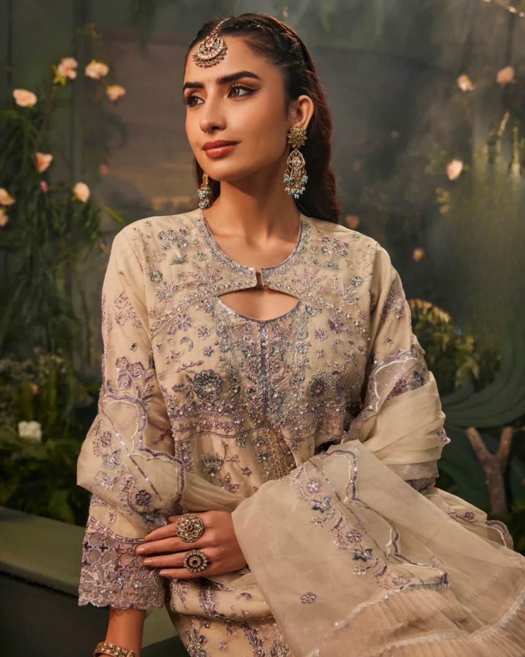 Gul Bahar Champagne Embroidered Anarkali Suit Set