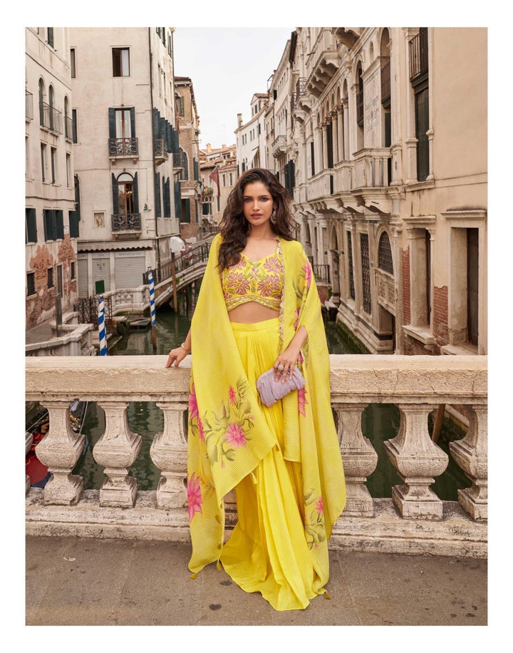 Yellow Cape 3 piece Indo Western Drape Skirt Set