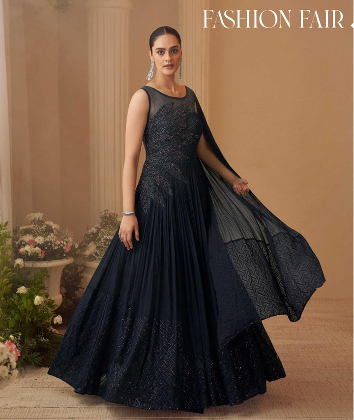 Black-Blue Wedding Special Hand Embroidered Gown