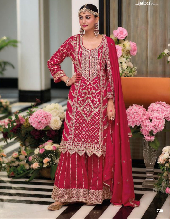 Red Karwachauth Special Party Wear Heavy Embroidered Straight Kurta With Sharara and Dupatta