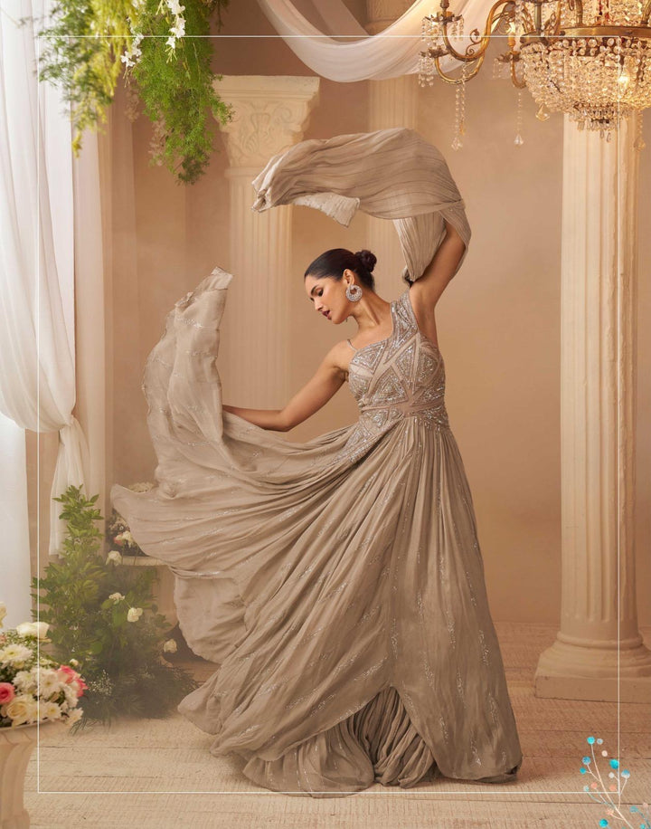 Golden Wedding Special Hand Embroidered Gown with Dramactic Sleeves