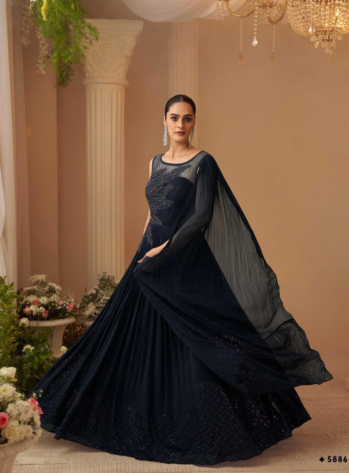 Black-Blue Wedding Special Hand Embroidered Gown