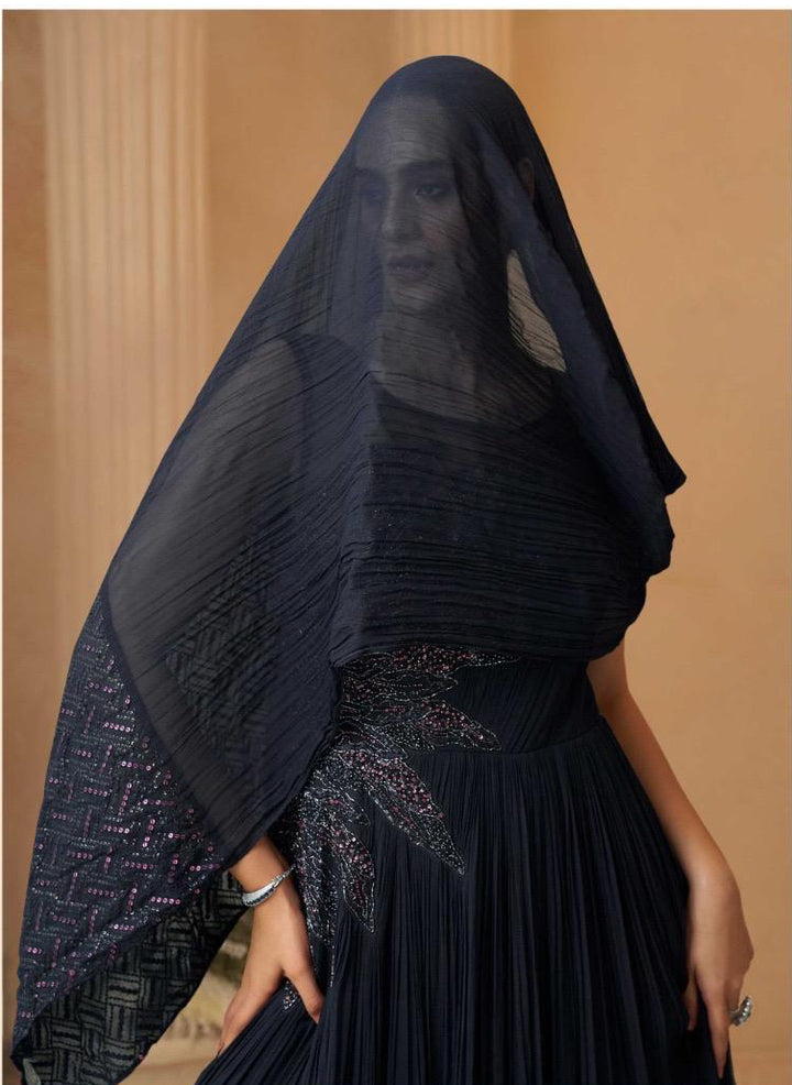 Black-Blue Wedding Special Hand Embroidered Gown