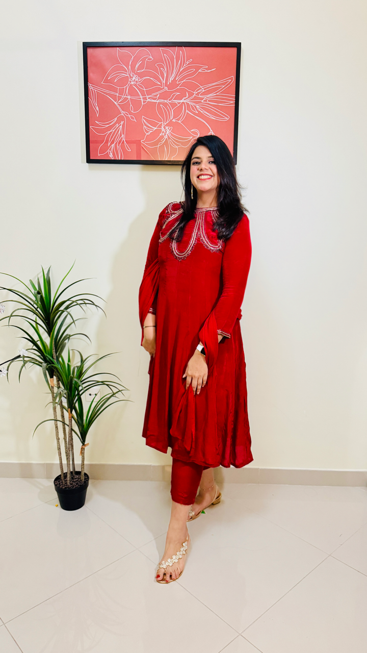 Maroon Embroidered Crepe Anarkali kurta and pants