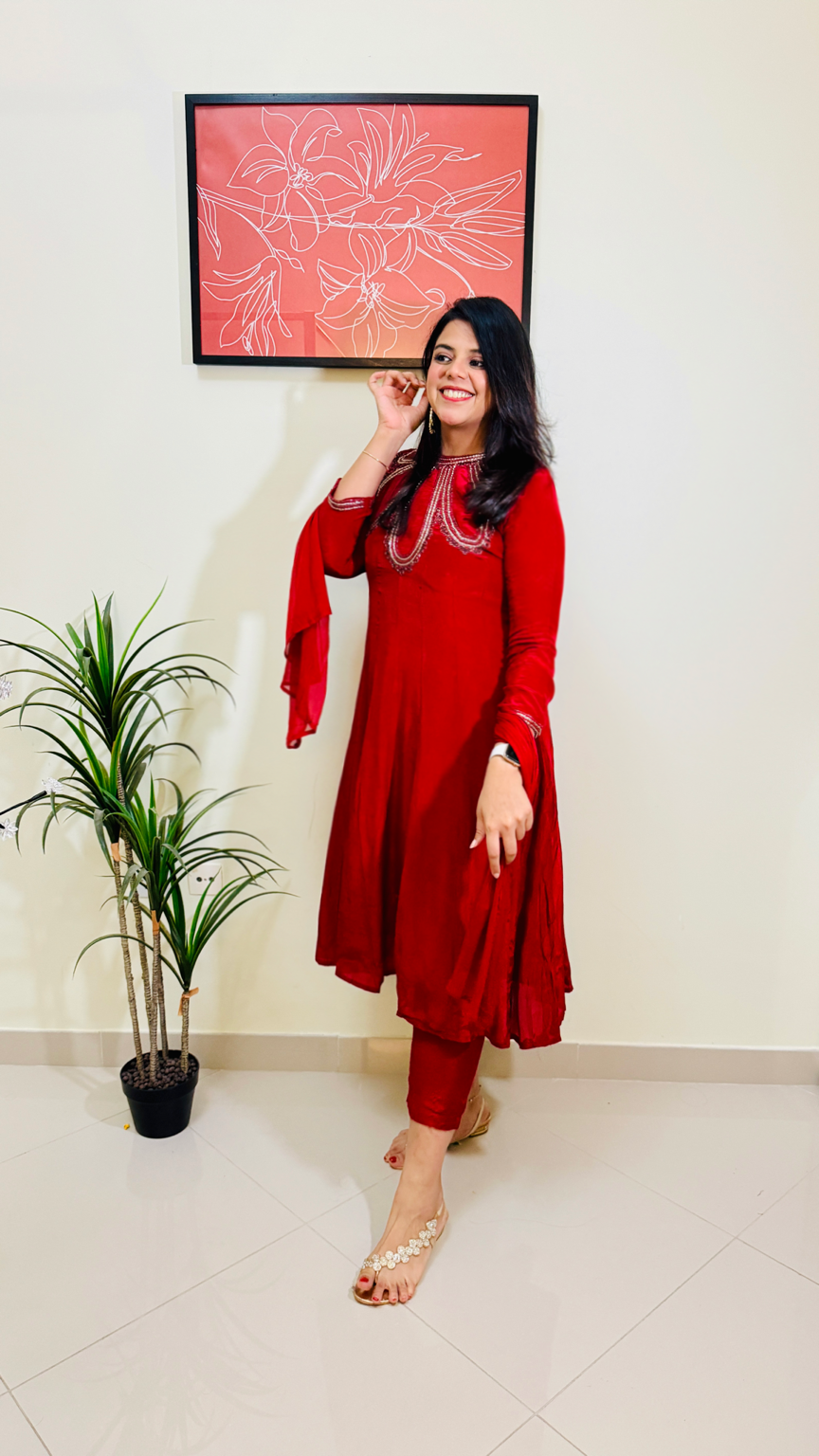 Maroon Embroidered Crepe Anarkali kurta and pants