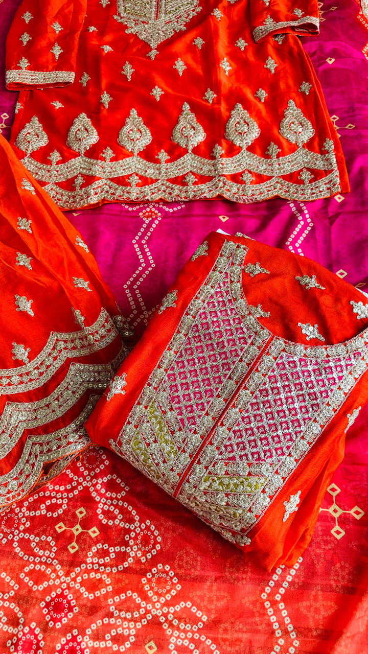 Global Village Heavy Embroidered Orange and Pink Festive Palazzo Suit Set