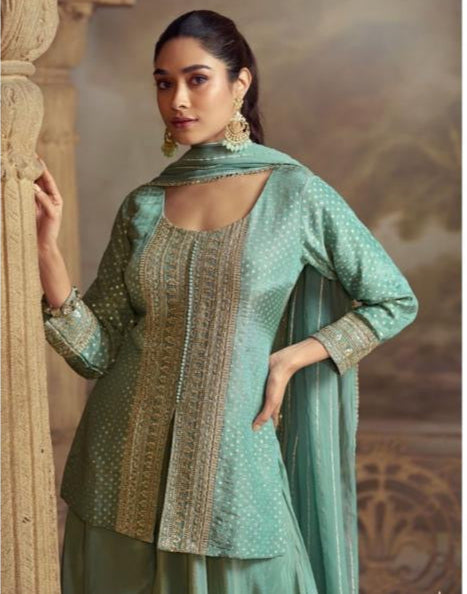 Mint Green Festive Kothi Palazzo Set With Golden Embroidery