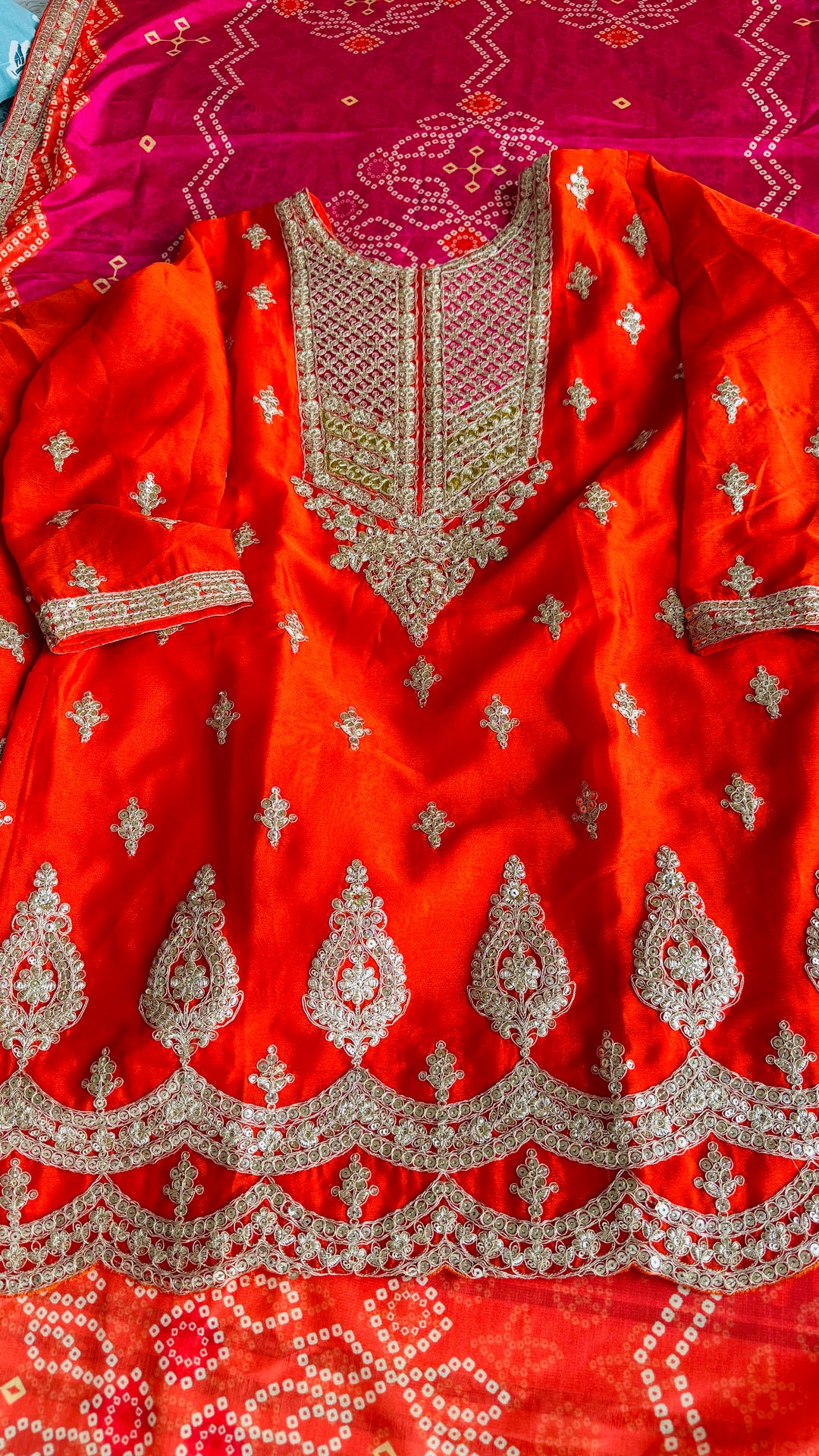 Global Village Heavy Embroidered Orange and Pink Festive Palazzo Suit Set