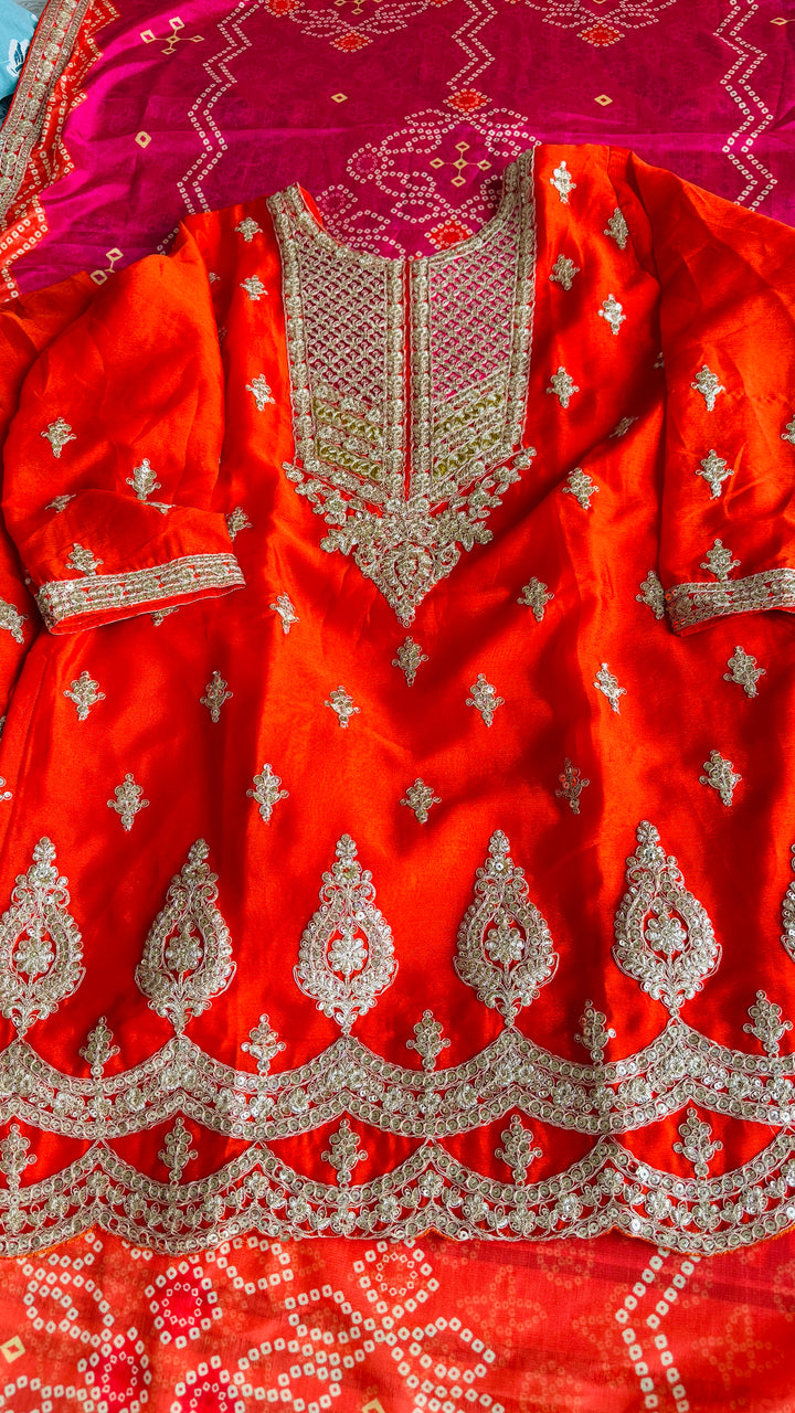 Global Village Heavy Embroidered Orange and Pink Festive Palazzo Suit Set