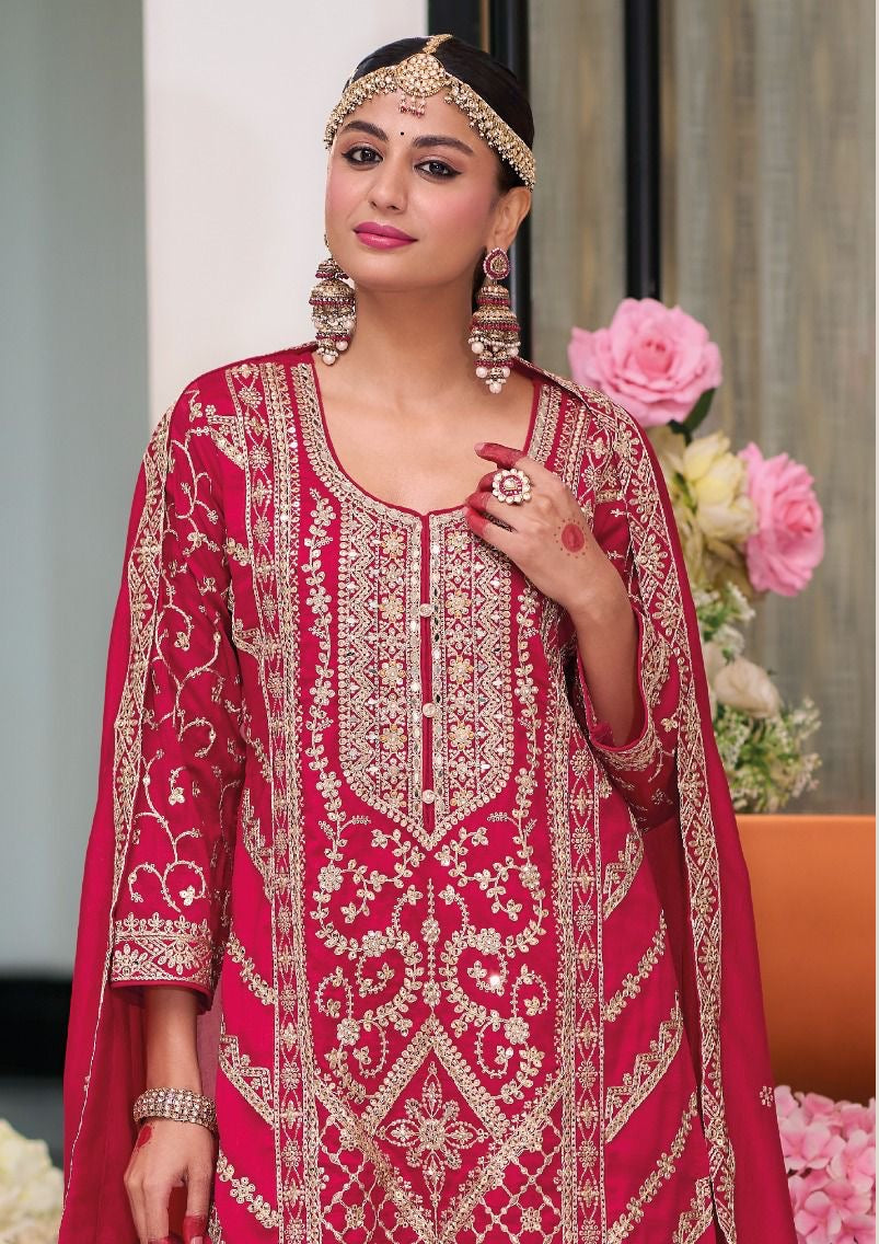 Red Karwachauth Special Party Wear Heavy Embroidered Straight Kurta With Sharara and Dupatta