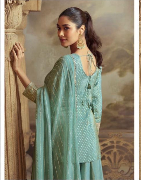 Mint Green Festive Kothi Palazzo Set With Golden Embroidery