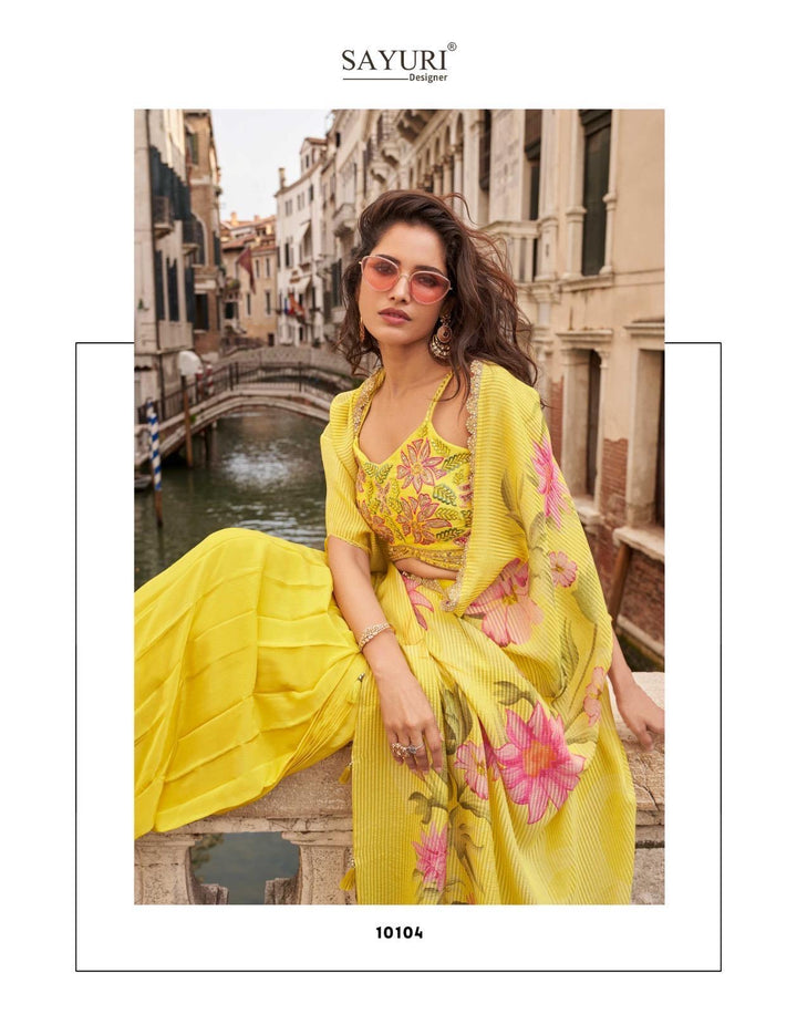 Yellow Cape 3 piece Indo Western Drape Skirt Set