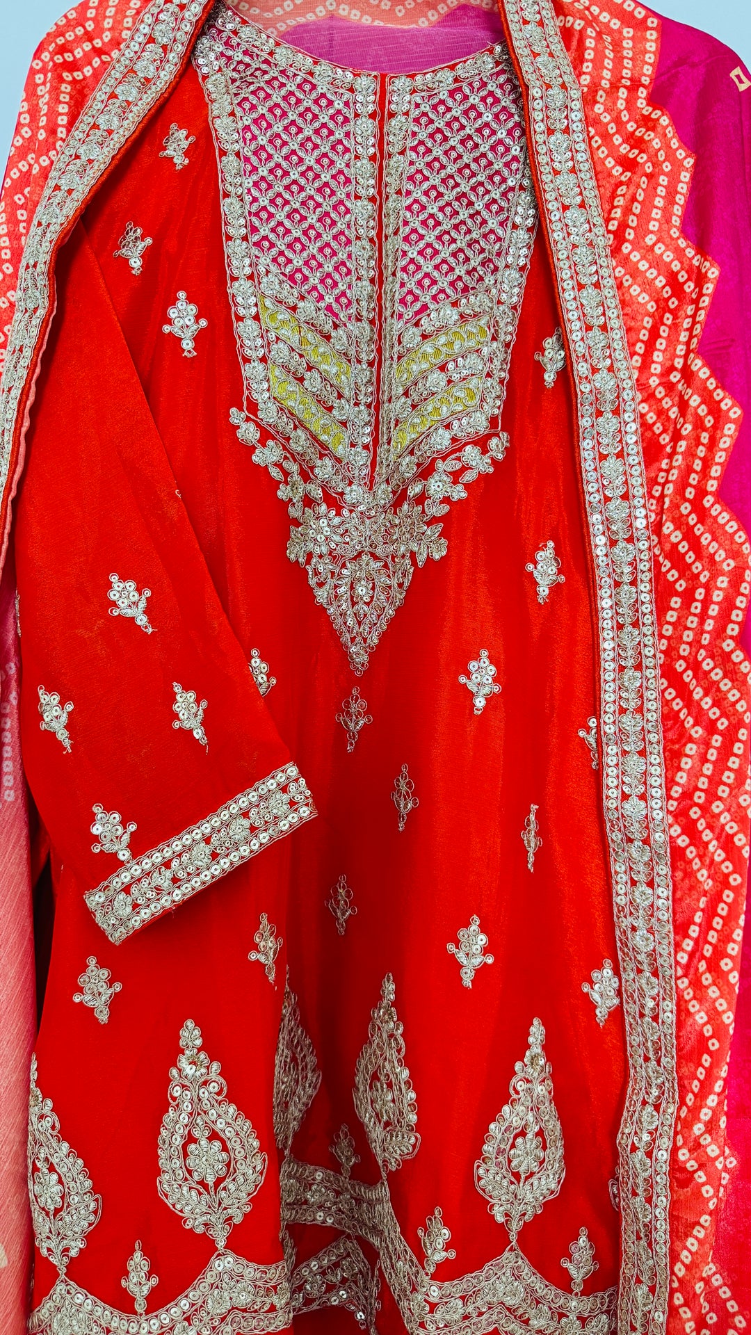 Global Village Heavy Embroidered Orange and Pink Festive Palazzo Suit Set