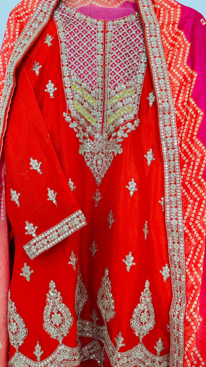 Global Village Heavy Embroidered Orange and Pink Festive Palazzo Suit Set