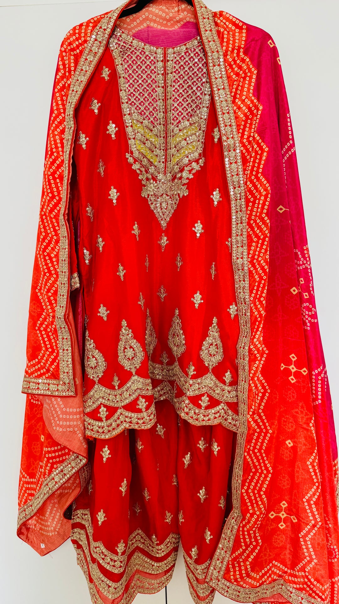 Global Village Heavy Embroidered Orange and Pink Festive Palazzo Suit Set