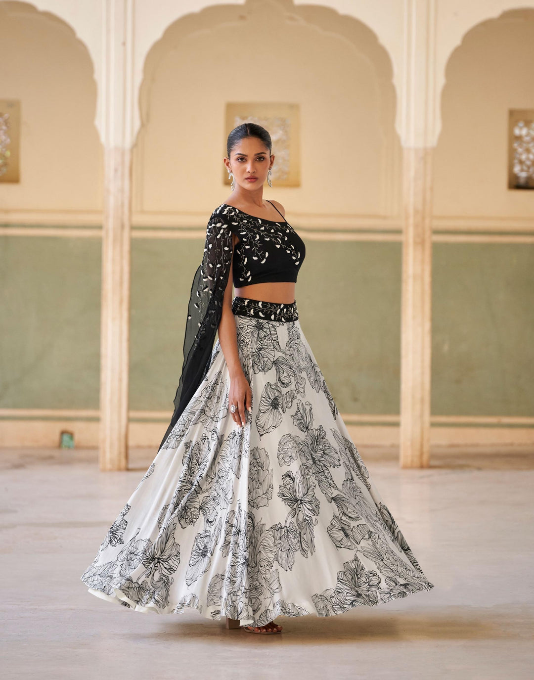 Black and White Off Shoulder Dramactic Sleeves Crop Top Skirt Set
