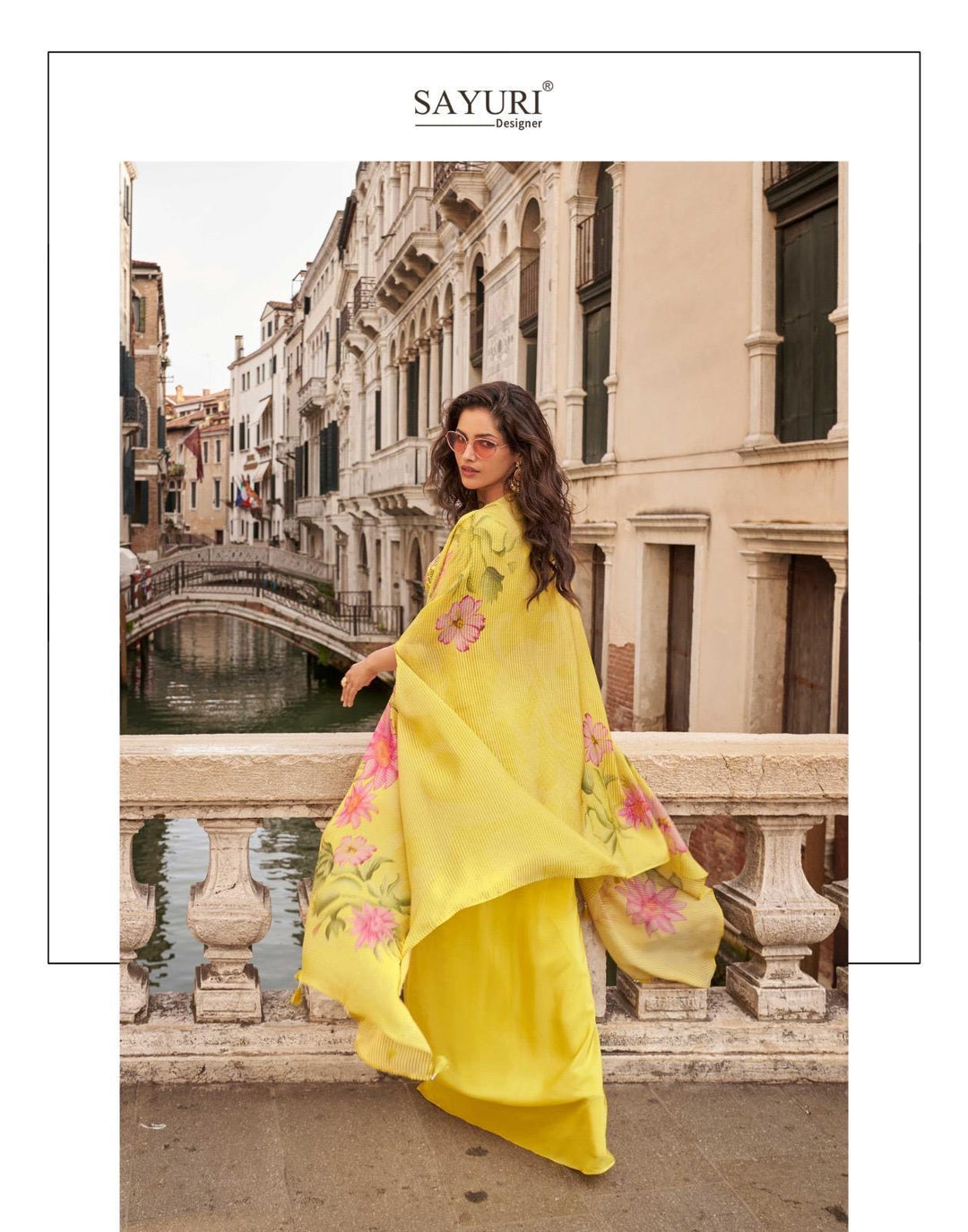 Yellow Cape 3 piece Indo Western Drape Skirt Set