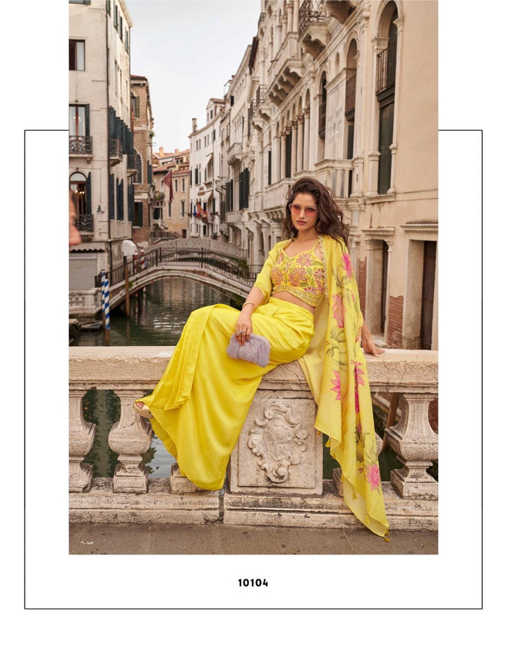 Yellow Cape 3 piece Indo Western Drape Skirt Set