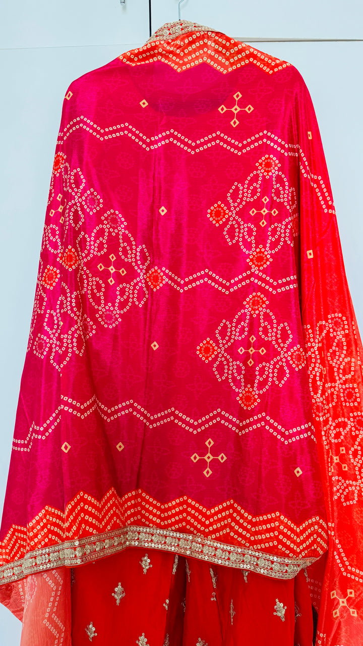 Global Village Heavy Embroidered Orange and Pink Festive Palazzo Suit Set