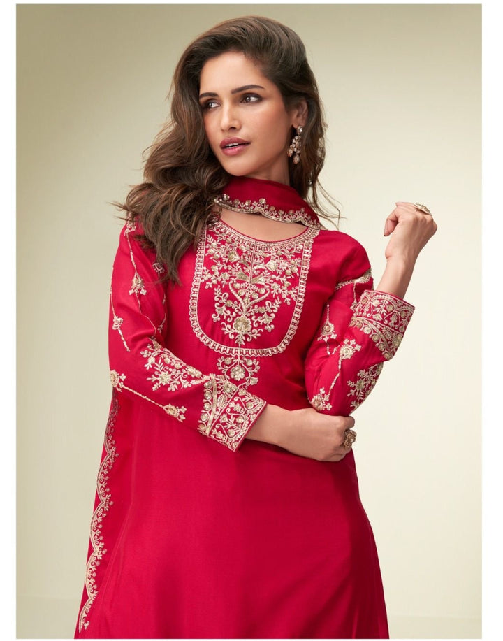 Red Karwachauth Special Party Wear Embroidered Straight Kurta With Palazzo and Red Dupatta