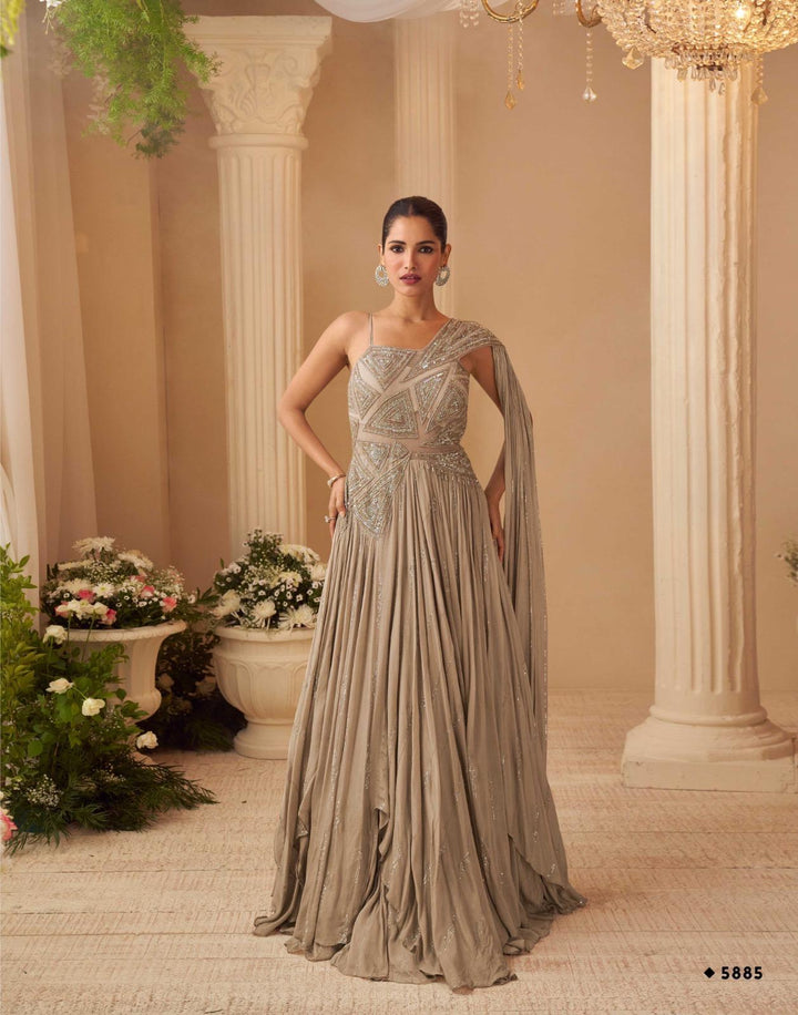 Golden Wedding Special Hand Embroidered Gown with Dramactic Sleeves