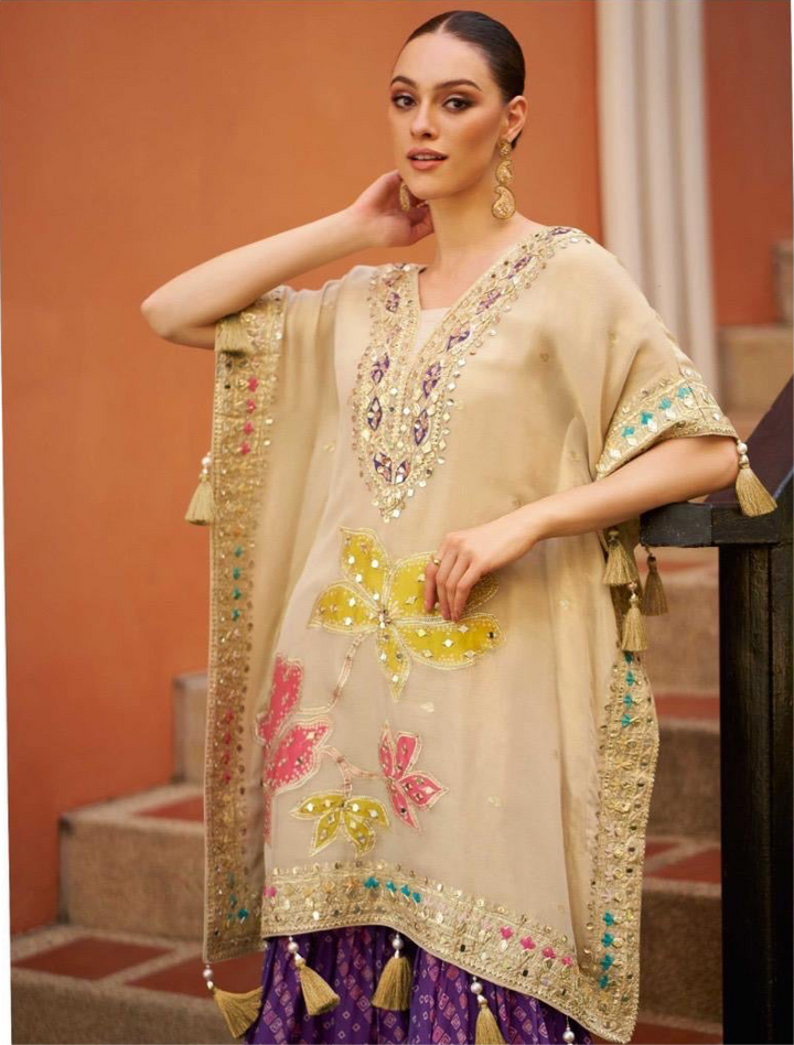 Off White Embroidered  gotta patti party wear purple bandhani sharara kaftan set