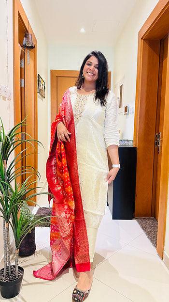 Shimmer Tissue Embroidered Straight Suit with Banarsi Dupatta