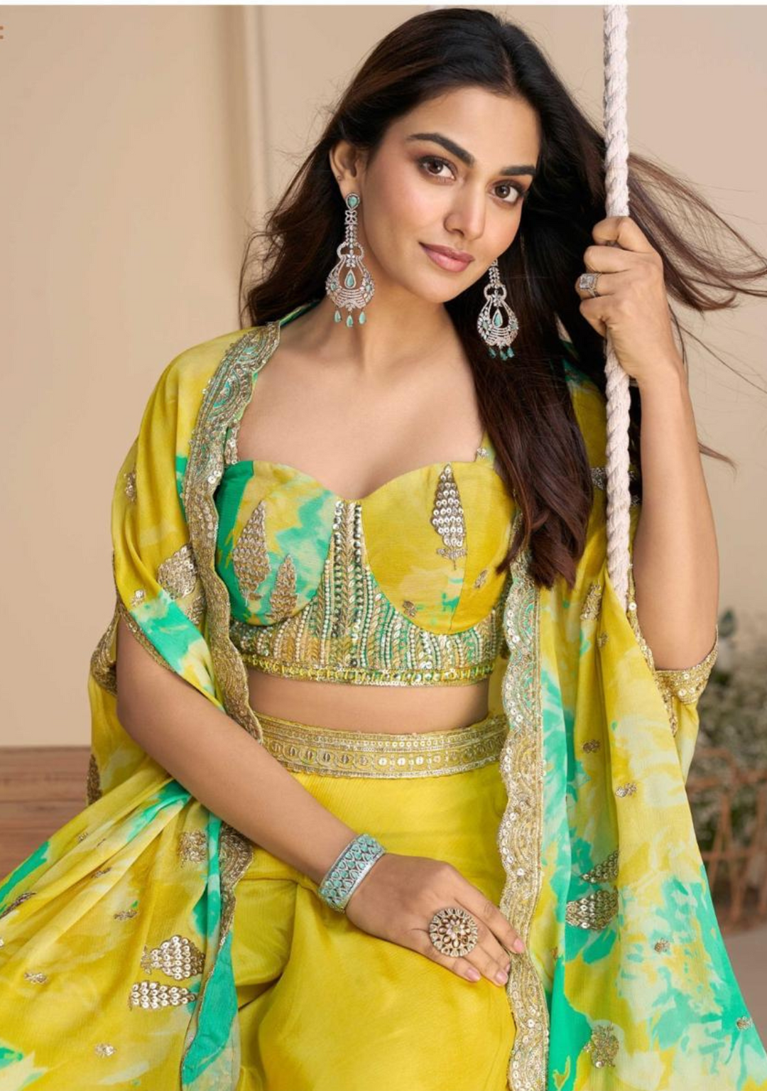 Bright yellow festive Indian ethnic wear for women – sharara set with cape, perfect for weddings and celebrations in UAE